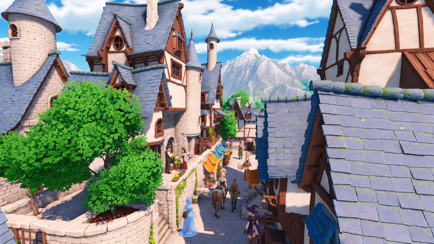 Sunlit blue-roofed fantasy village with a bustling market